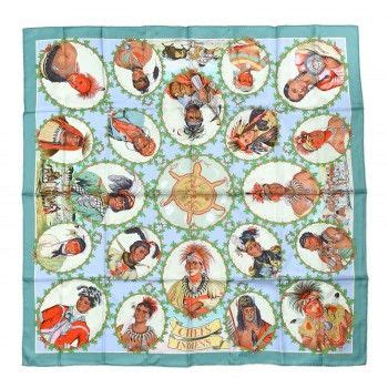 HERMES Silk Chefs Indiens Scarf 90 Veronese Ciel Vert D